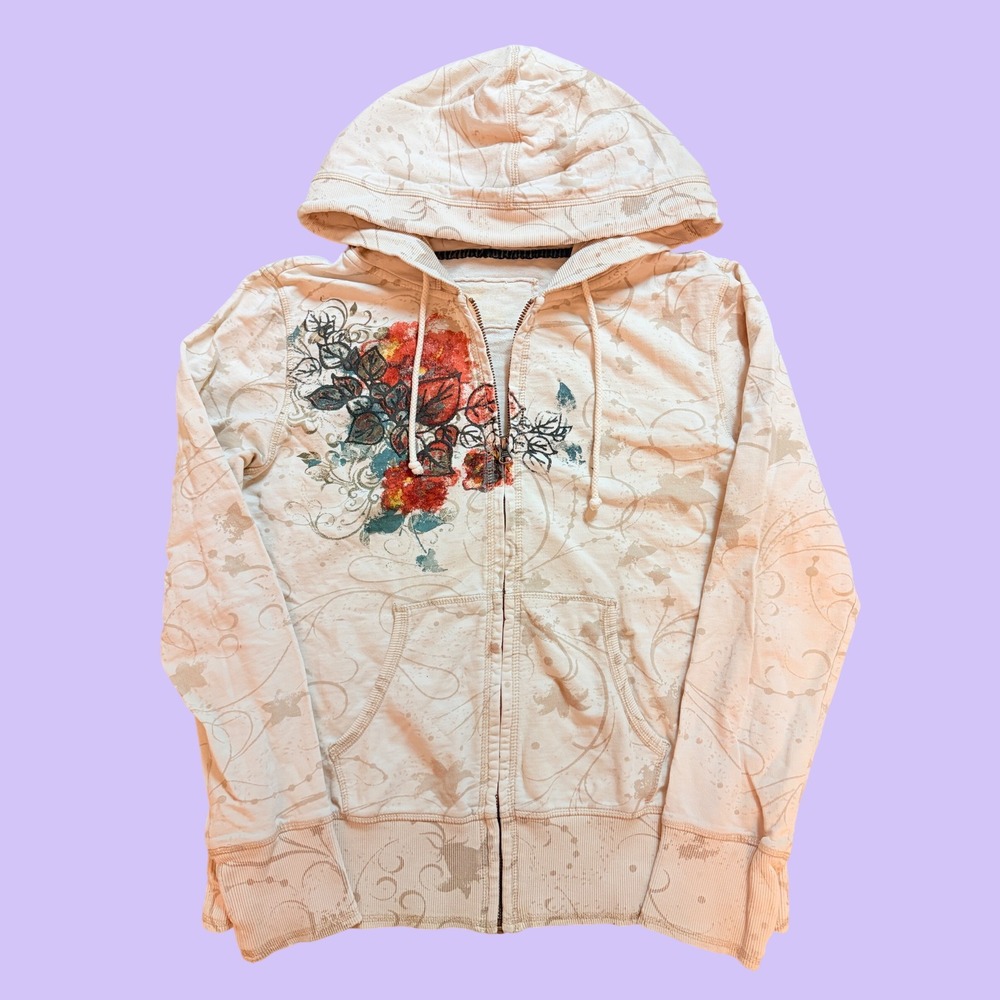 Y2K Vintage Floral Graphic Zip Up Hoodie White Grunge Indie #19